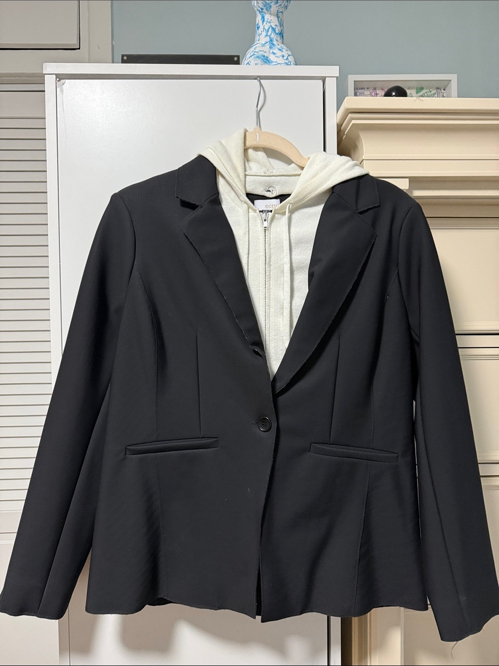 ecru Black Blazer with Cream Hoodie (detachable ) Layered Style